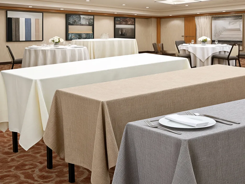 Elegantly set tables with different colored table linens