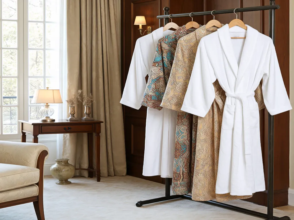 Luxury hotel bathrobes hanging on a rack