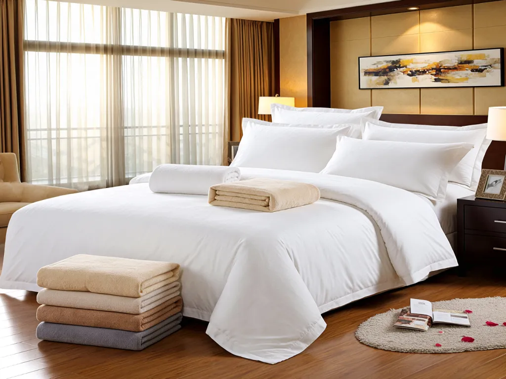 A neatly made hotel bed with folded towels