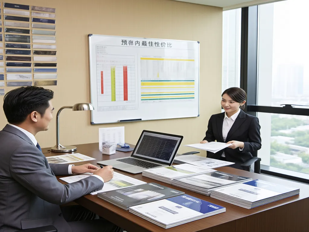 Business people discussing luxury hotel linens in a meeting