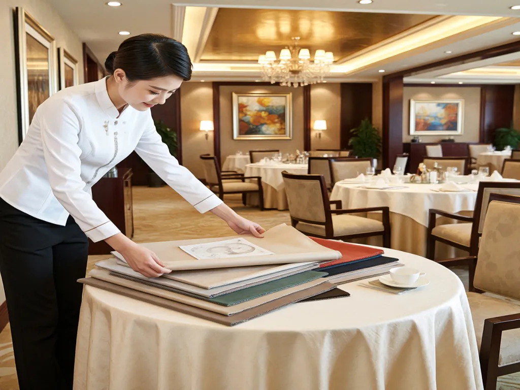 Hotel staff arranging elegant table linen on a round table