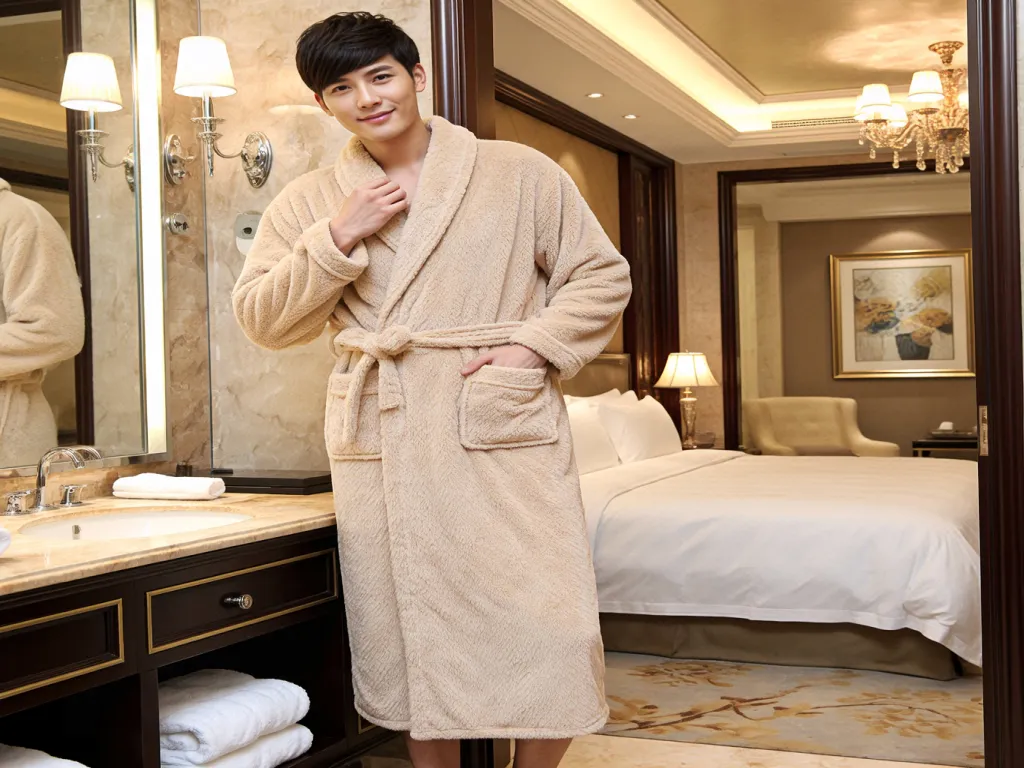 A model wearing a luxury hotel bathrobe in a hotel room