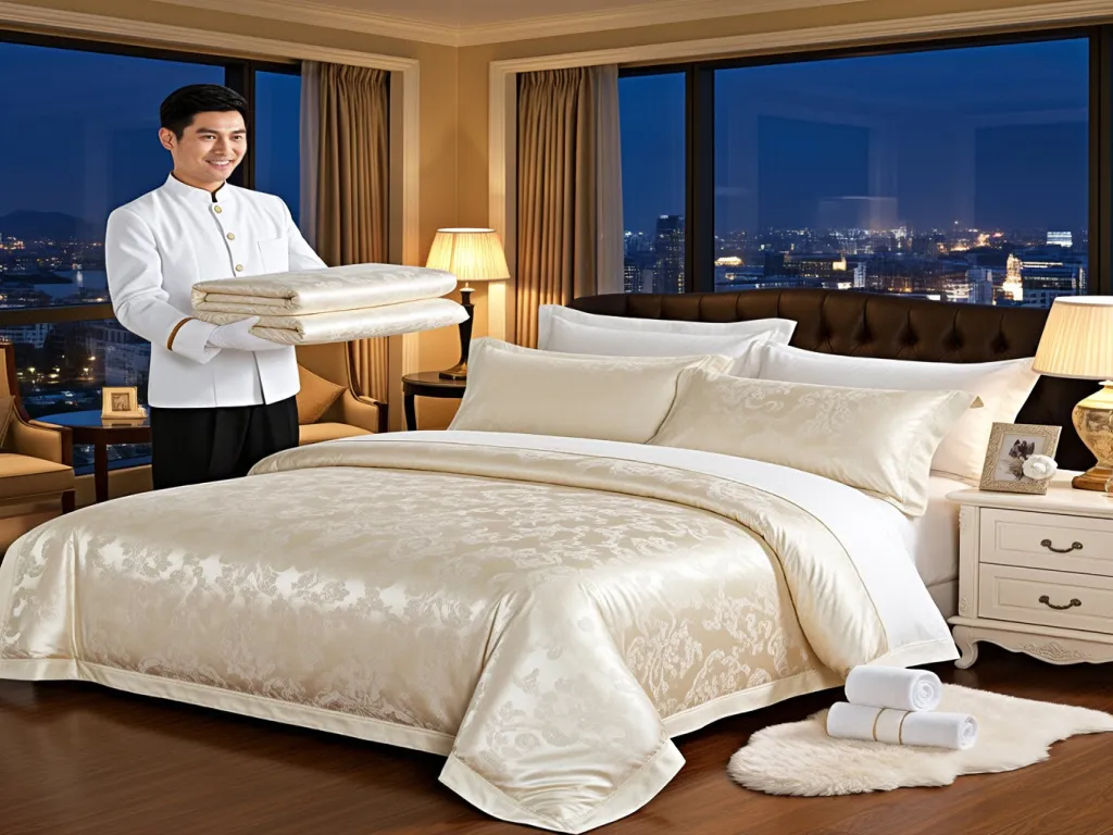 A waiter holds luxury hotel linens in a well-furnished hotel room
