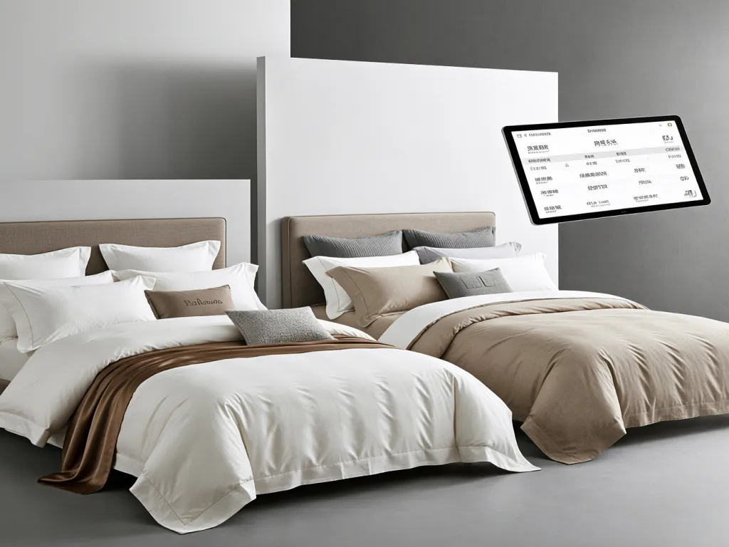 Modern hotel bedding display with digital interface