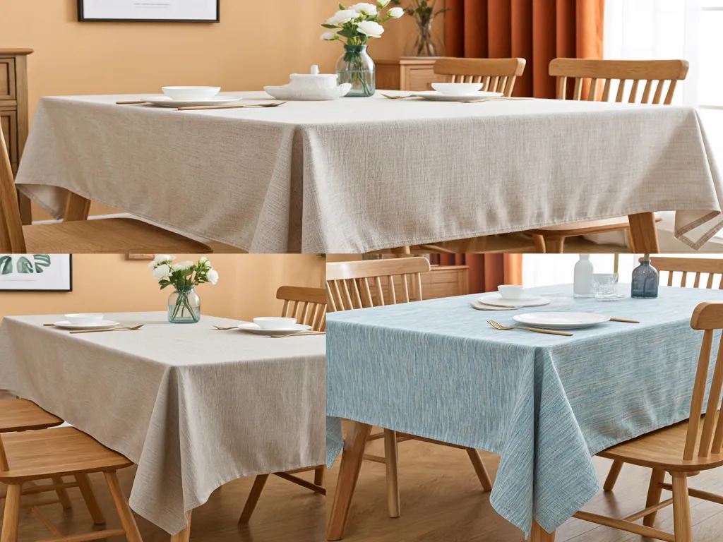 Rectangular tables with beige and blue table linen covers in a dining setting
