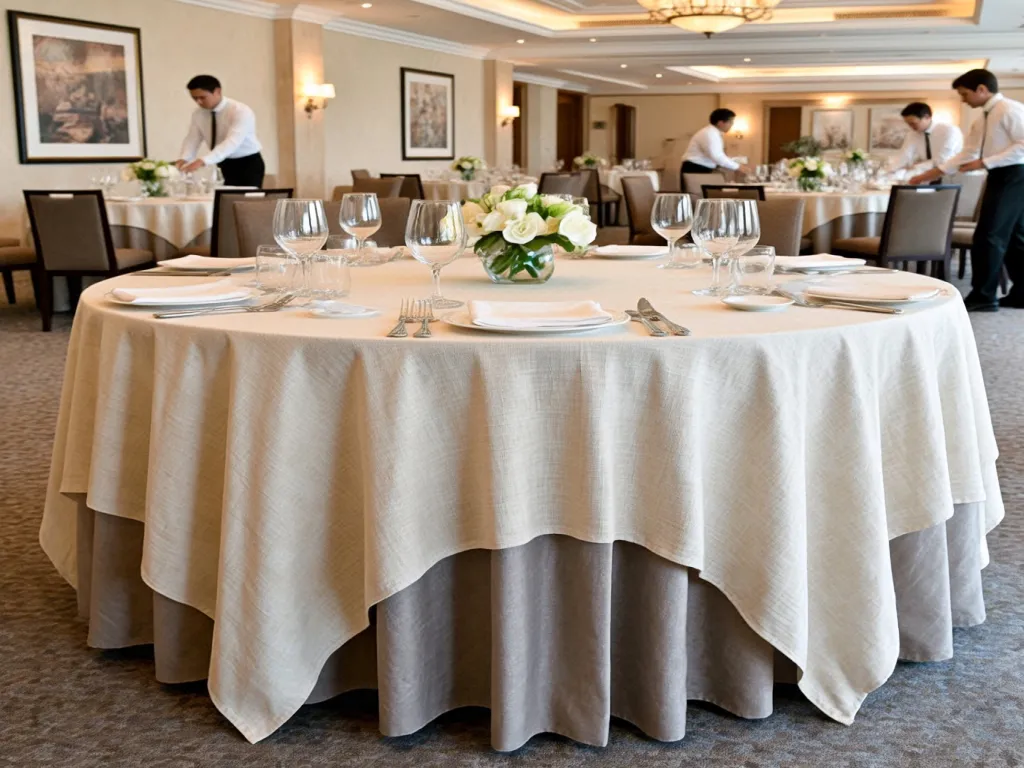 Round table set with elegant beige table linen in a restaurant