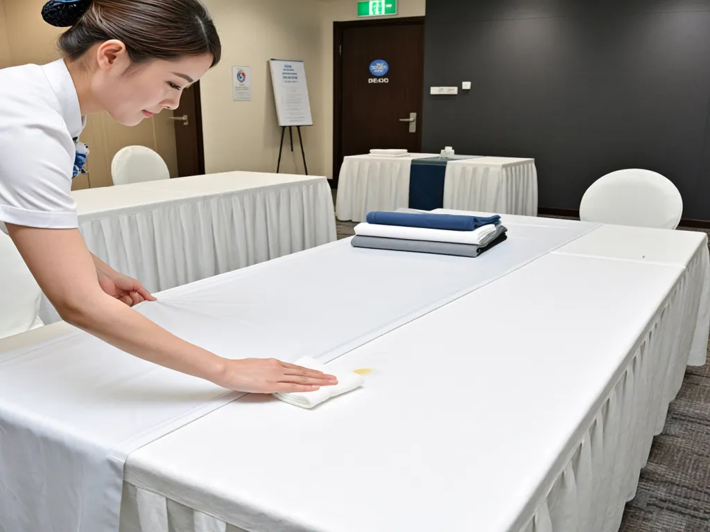 A woman cleaning a table with a white table linen