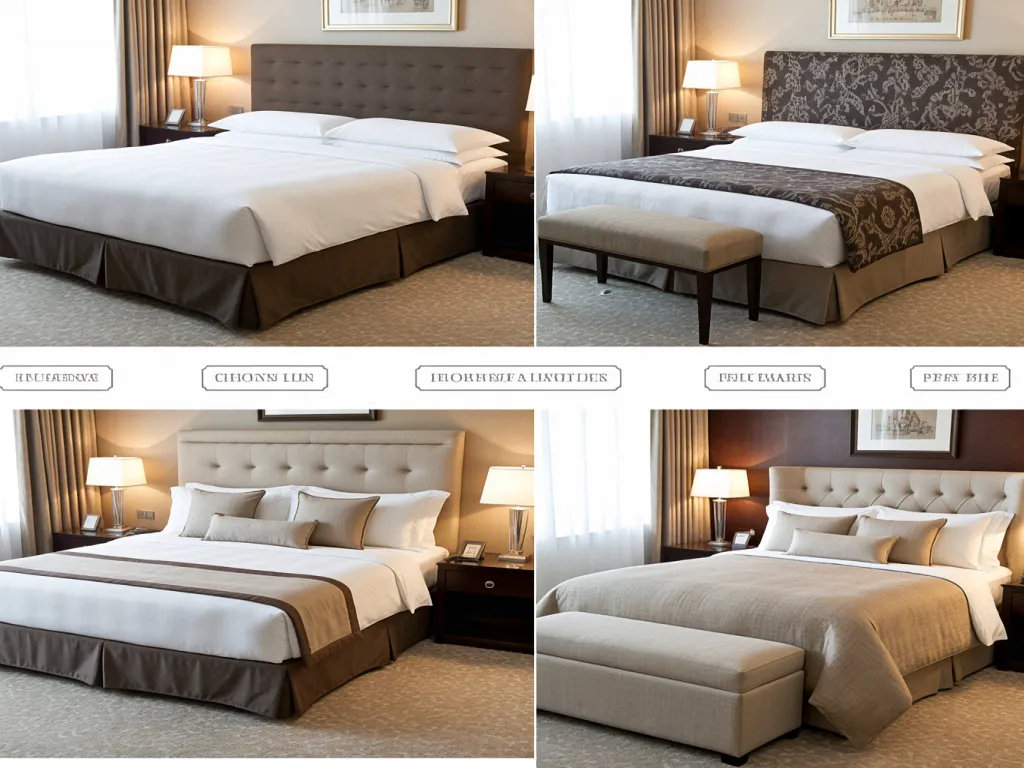 A variety of luxury hotel linens displayed on beds