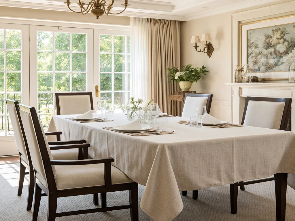 Bright room featuring a linen cloth table