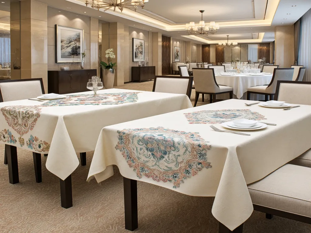 Restaurant tables with decorative table linens