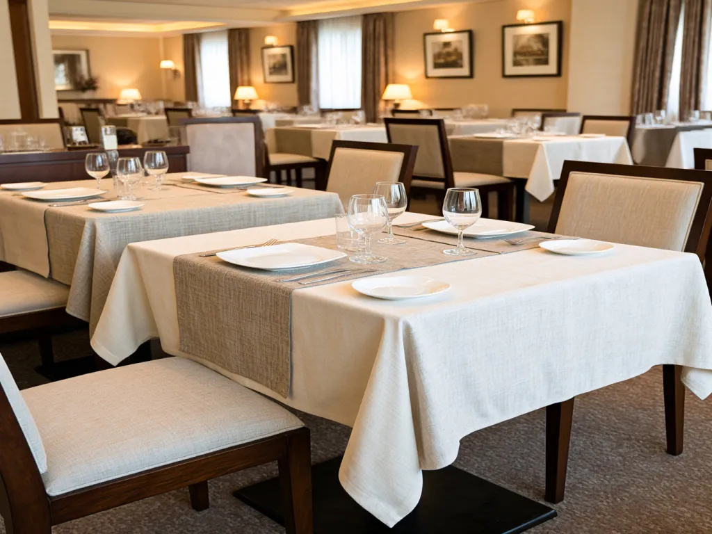 Elegant restaurant table setting with beige table linen fabric