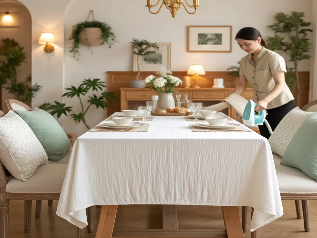 Home dining table setting with white table linen fabric