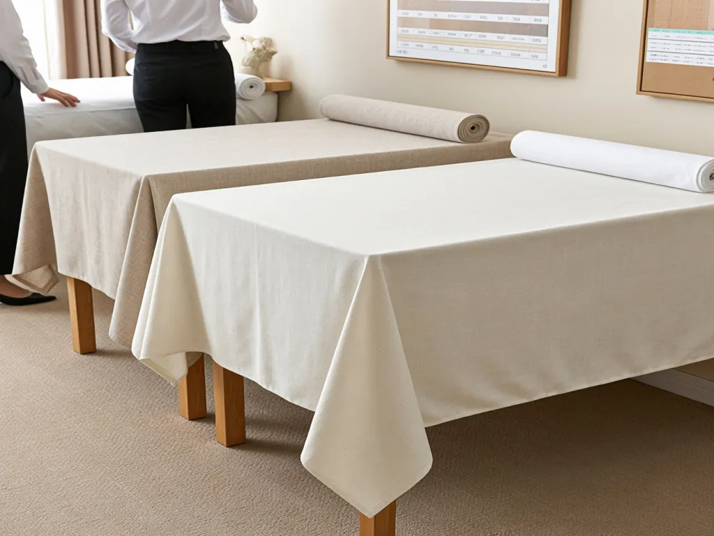 Hotel tables covered with beige table linens