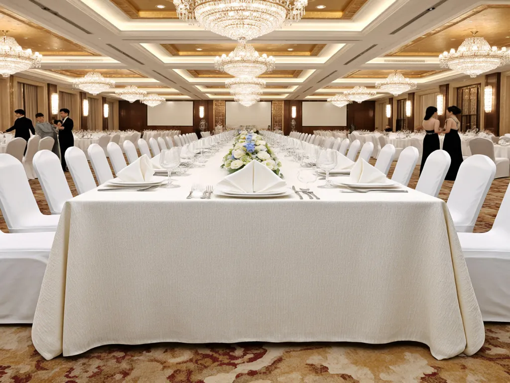 Luxury banquet hall with long table covered in white table linen fabric