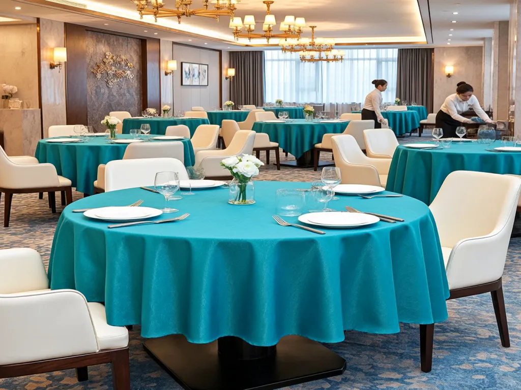 Modern restaurant setting with round tables covered in blue table linen fabric