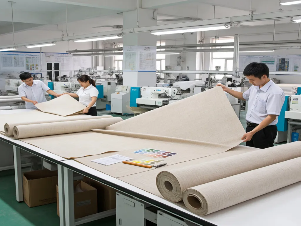 Workers in a table linen factory handling fabric rolls