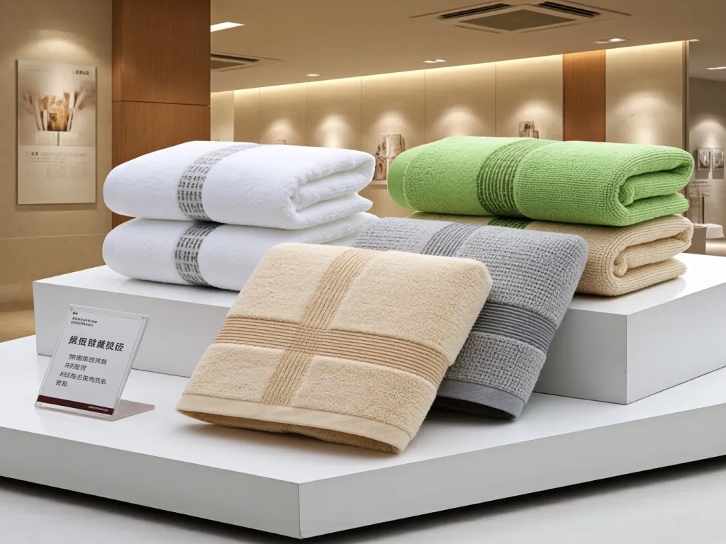 Display of various colored hotel towels in a showroom