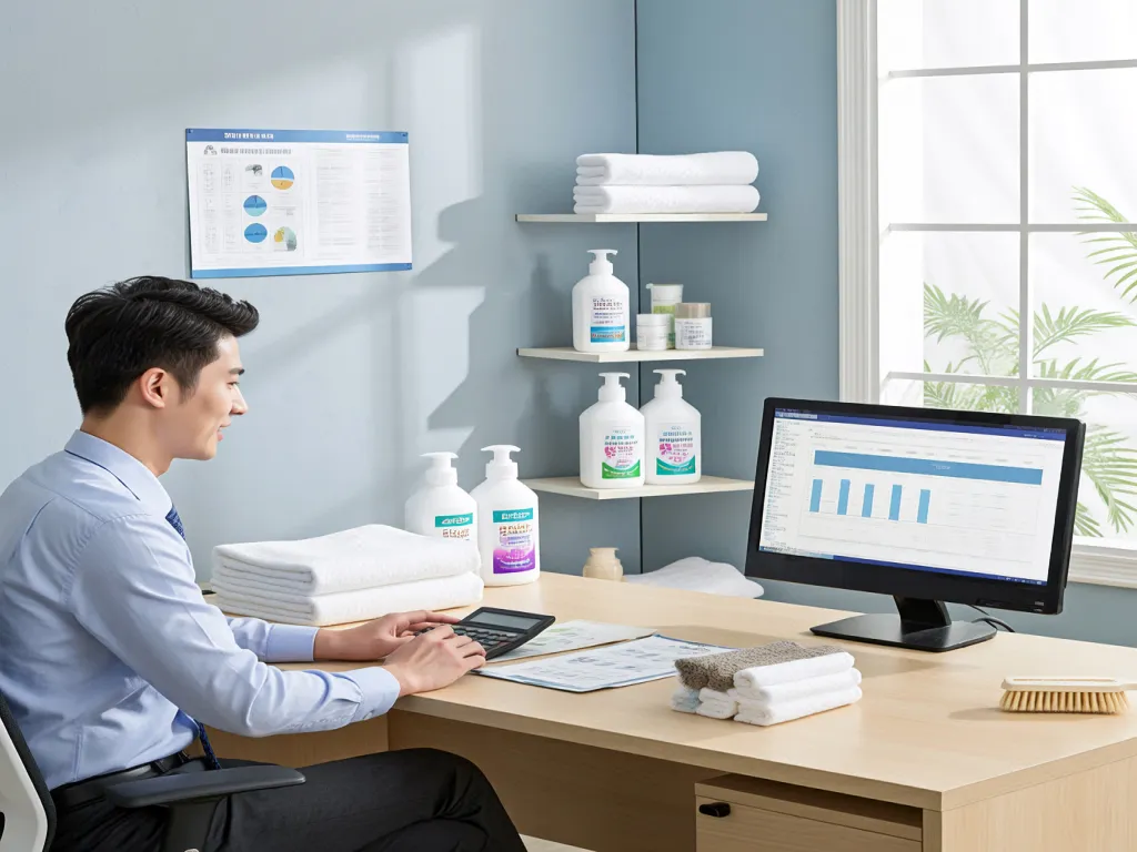 Hotel staff member working at a desk with towels and toiletries