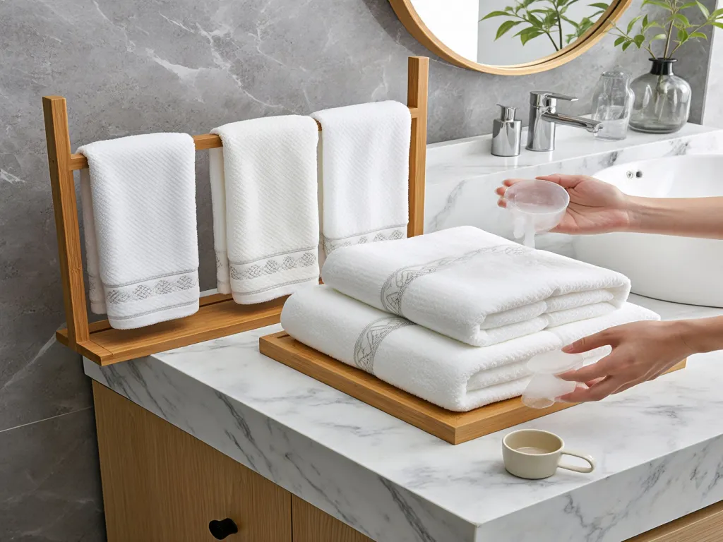 Hotel towels neatly arranged on a bathroom counter