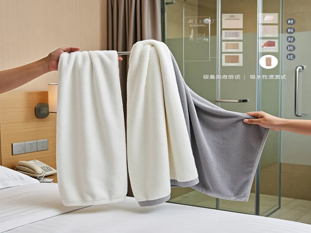 A person holds a white and grey hotel towel in a hotel room