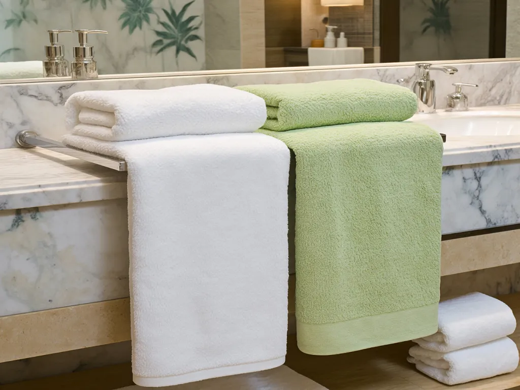 Hotel bathroom towels in white and green on a marble counter