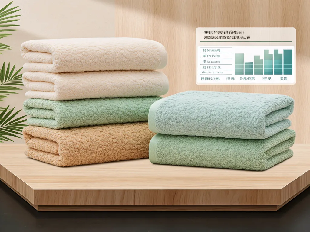 Stacked hotel bathroom towels in various colors with an info graphic