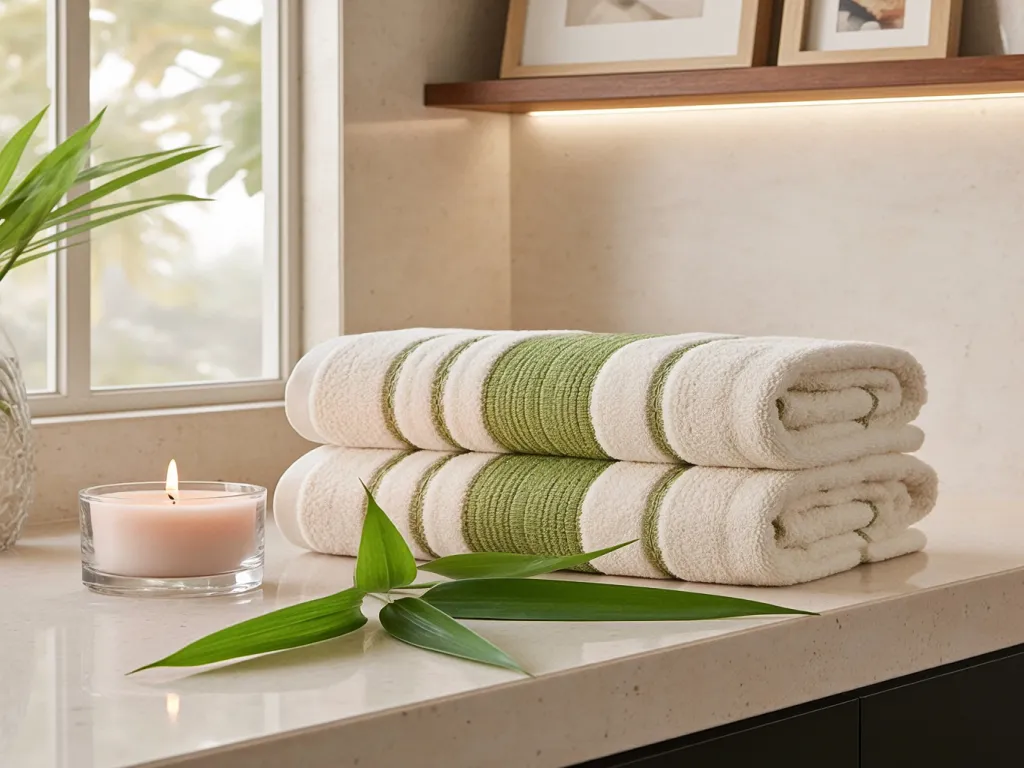White and green striped hotel bathroom towels with a candle