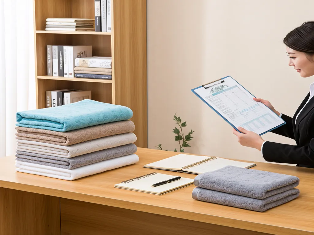 A variety of hotel towels for wholesale displayed on a desk
