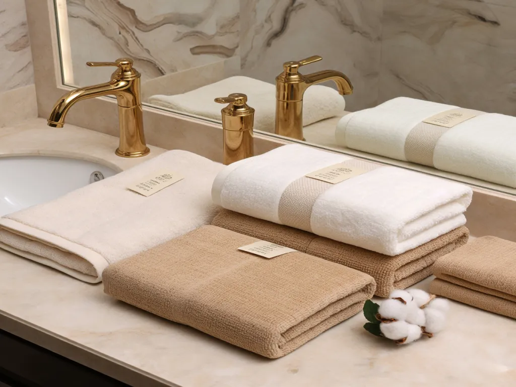 Folded luxury towels on a bathroom counter