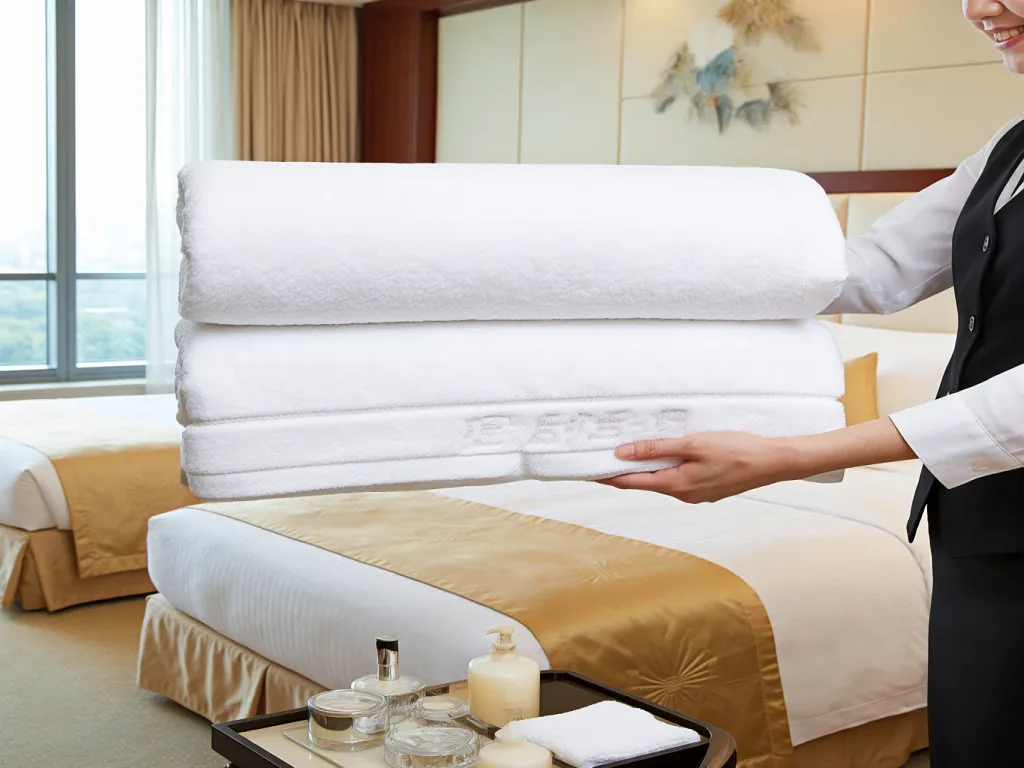 A stack of luxury hotel towels in a hotel room