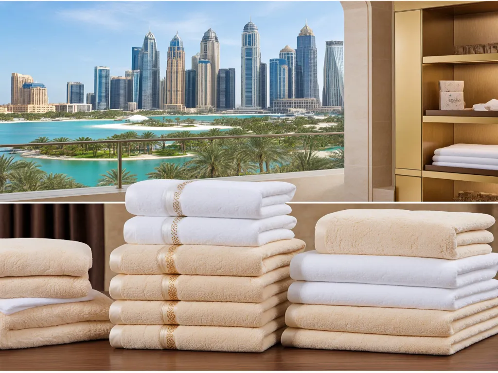 Luxury hotel towels with a city skyline view in the background