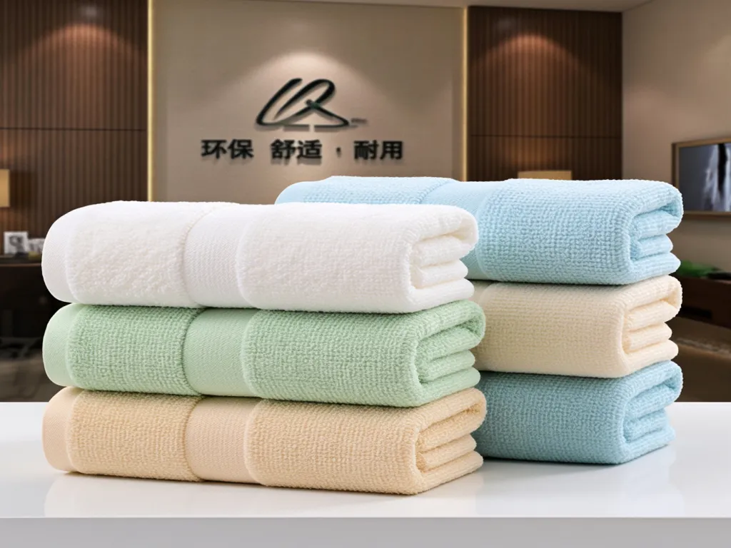 Stacked colored hotel towels in white, green, beige, and blue