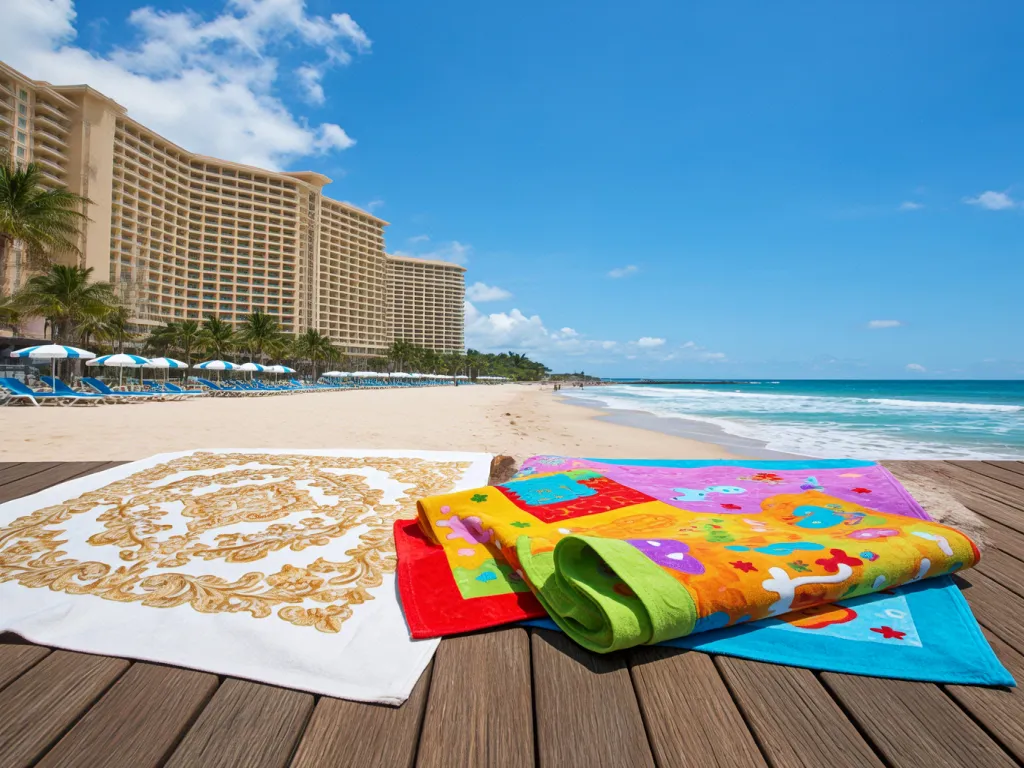 Luxury hotel beach towels with intricate designs laid out on a wooden deck