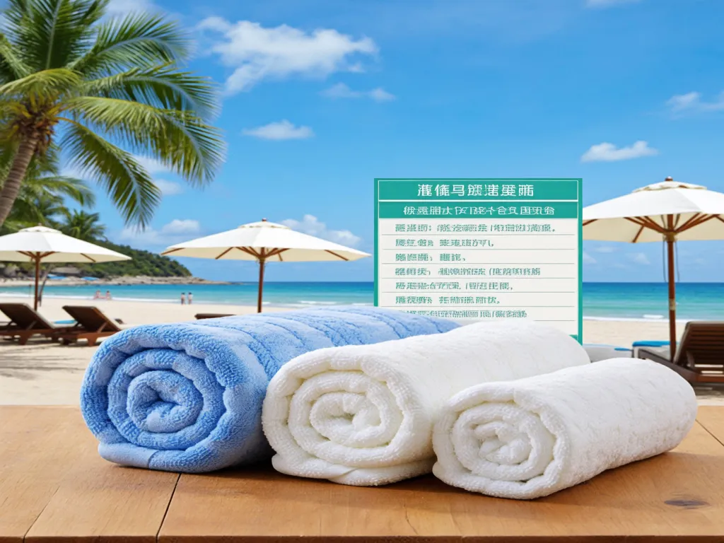 Rolled hotel beach towels in blue and white with a beach background