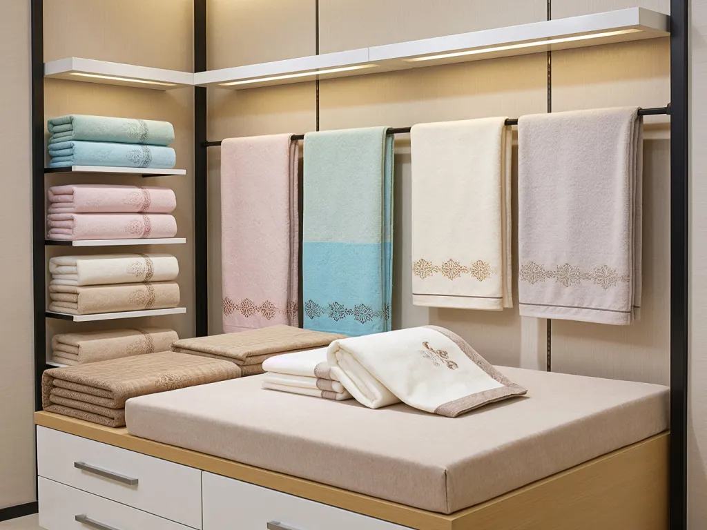 Hotel towels displayed in a wardrobe setting