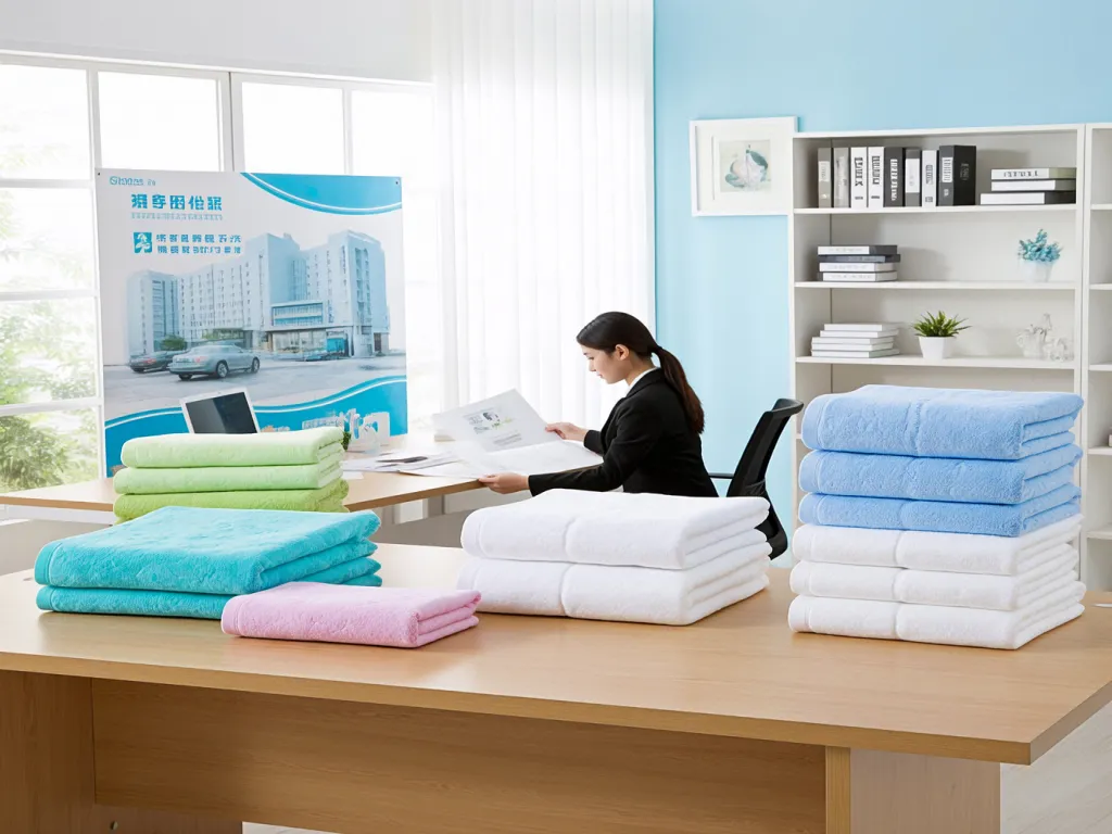 A woman works at a desk with stacks of colorful hotel towels