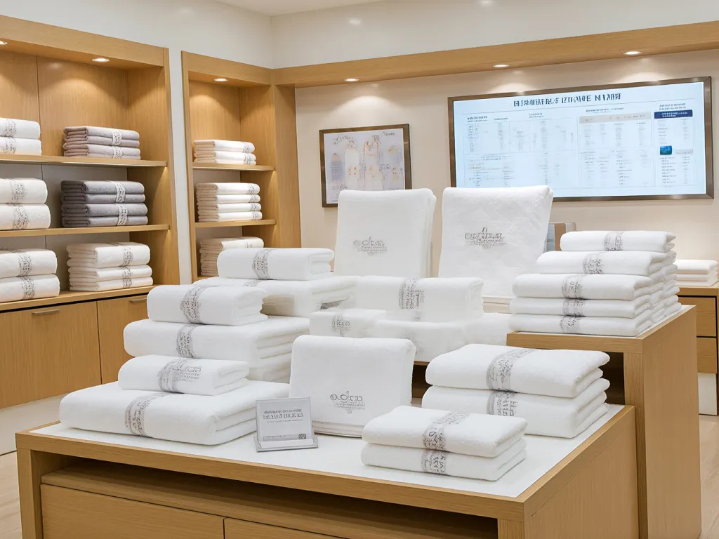 A store display of neatly arranged white hotel towels
