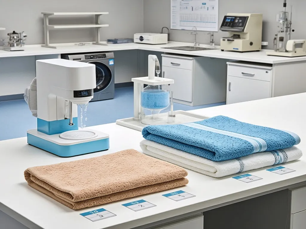 Testing equipment and neatly stacked hotel towels in a lab