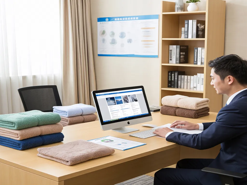 Researching hotel towels wholesale options on computer
