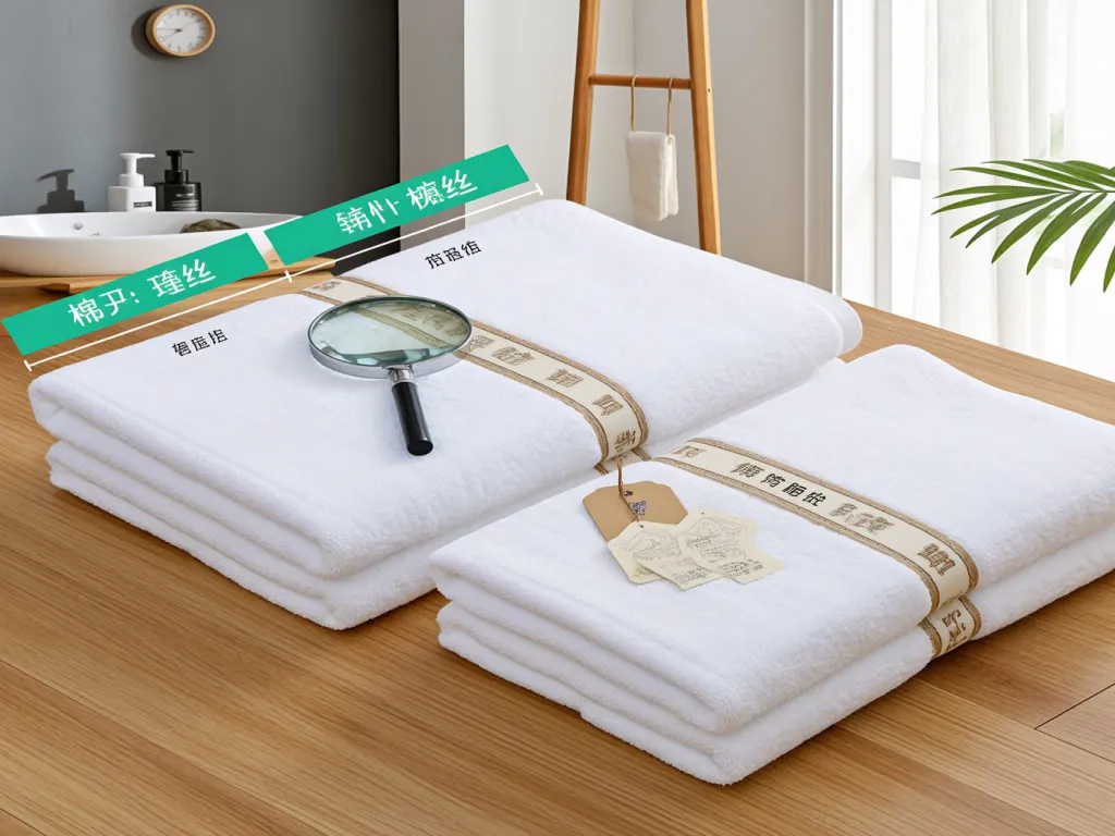 Stacked wholesale hotel bath towels with labels