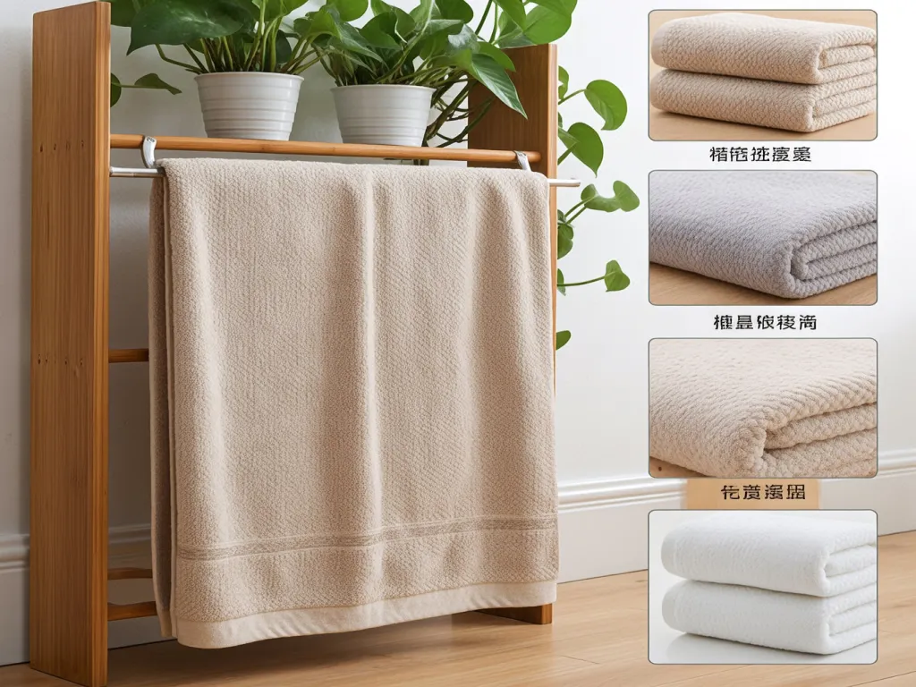 Beige hotel bath towel hanging on a rack with plant decor