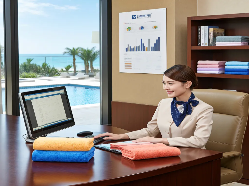 A supplier of hotel towels working in an office with towels on the desk