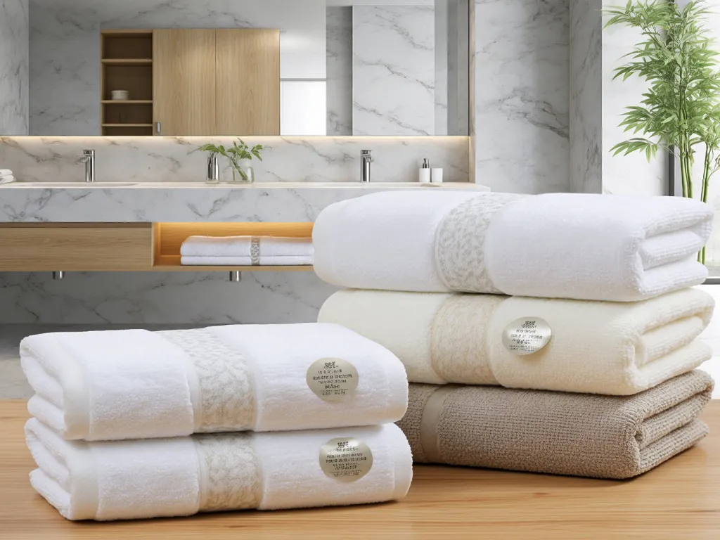 Stacked hotel bath towels in a modern bathroom