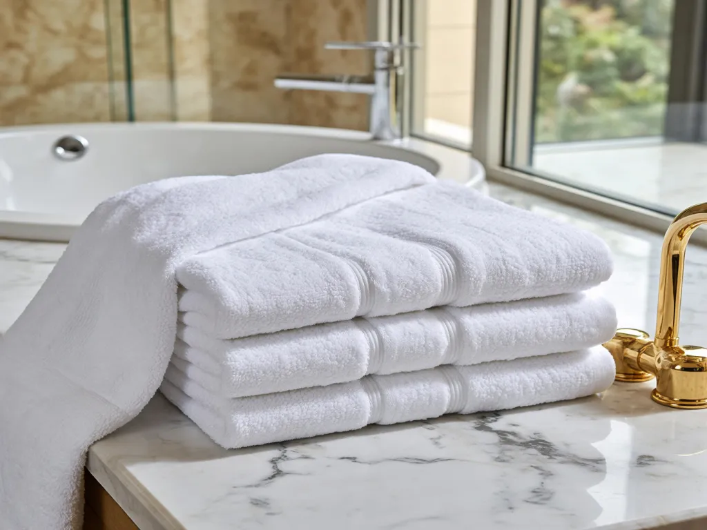 White hotel bath towels neatly stacked by the sink