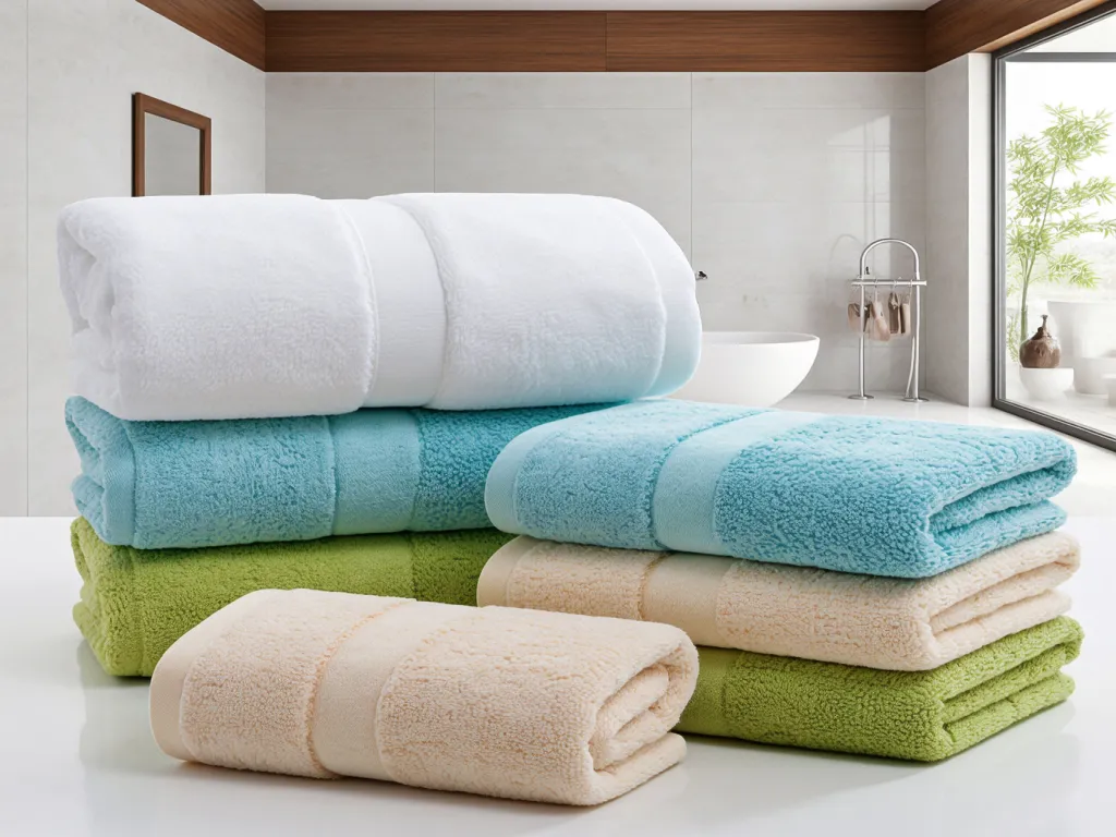 Stacked hotel towels in various colors