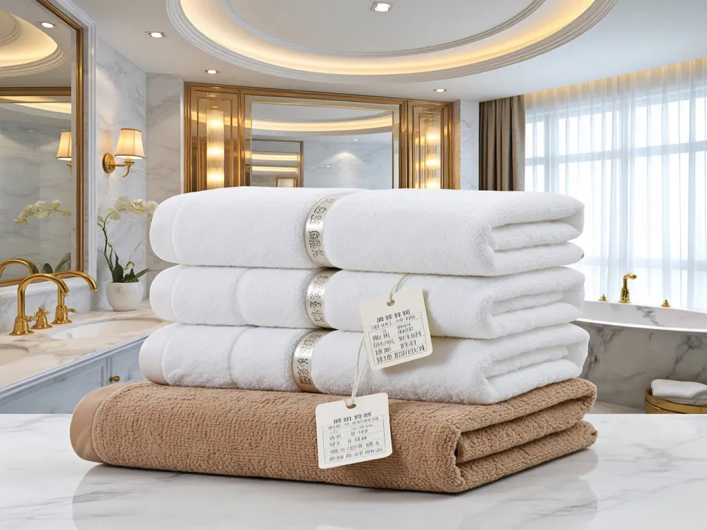 Stacked white hotel towels with labels in a luxurious bathroom