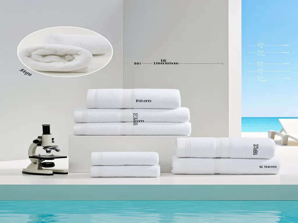 Premium white hotel towels with embroidery and a microscope for detail