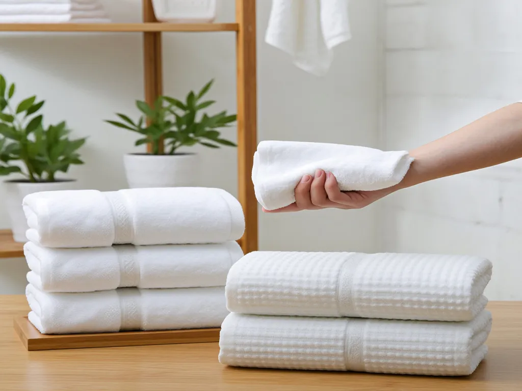Close-up of white hotel towels showing texture and softness