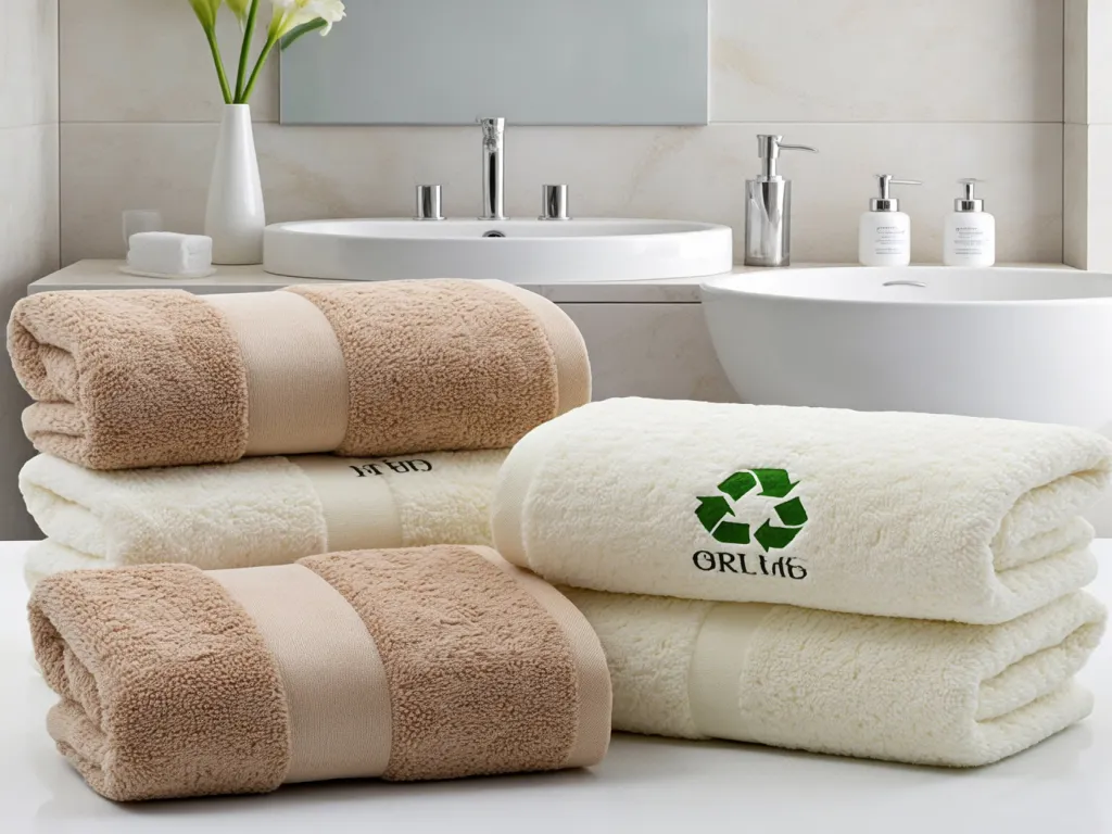 Assorted beige and white bath towels with eco logo