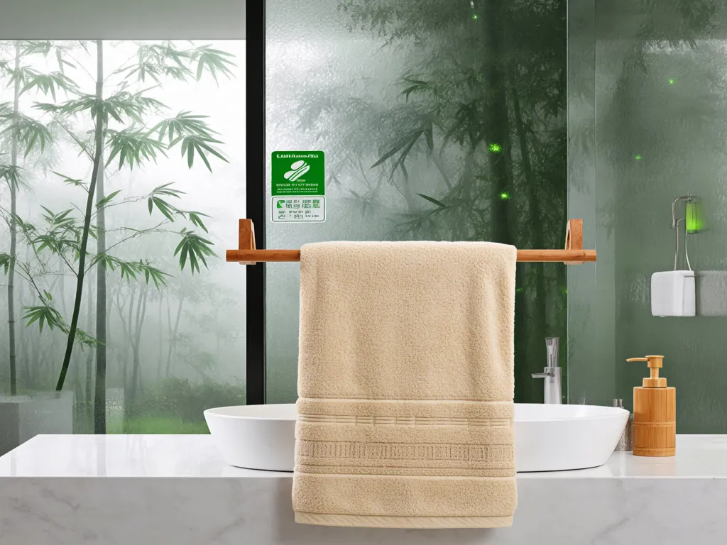Eco-friendly beige bath towel in a green bathroom